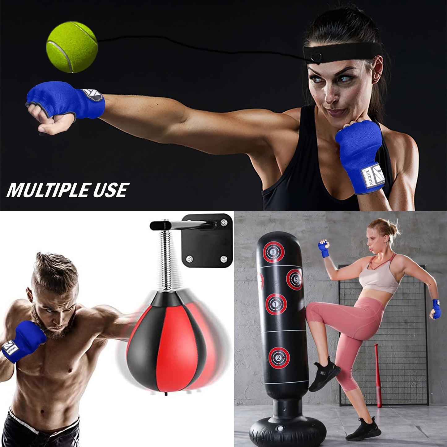 RUBEXX Slip on Boxing Hand Wraps Padded Thick Knuckle Inner Gloves 36 inches Elastic Wrist Strap Quick Wrap Under Mitts Martial Arts Muay Thai MMA Kickboxing Men Womem (Blue, S)