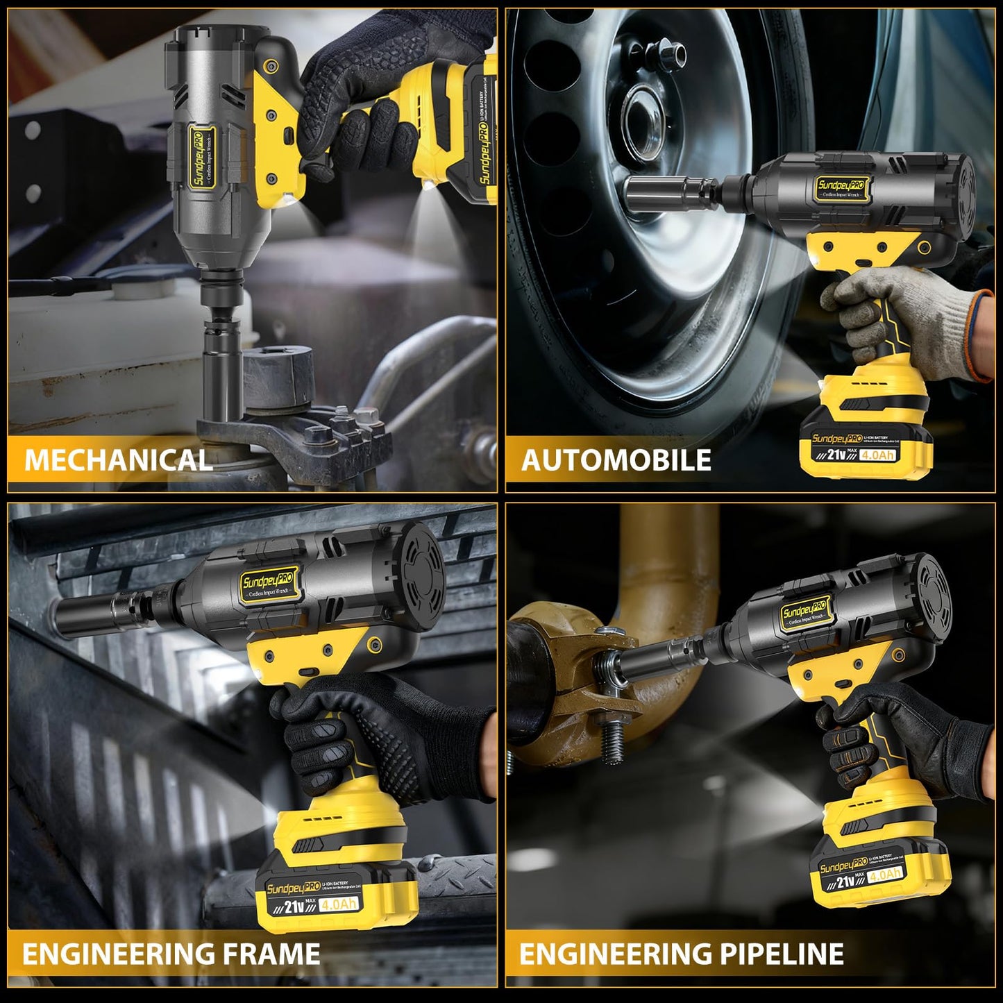 SundpeyPRO 21V Cordless Impact Wrench - 1600Ft-lbs(2100N·m) Heavy Duty High Torque Brushless 3/4 Impact Gun with 2 x 4.0Ah Batteries & Fast Charger 3/4" to 1/2" Adapter & 5 Sockets for Car Industrial