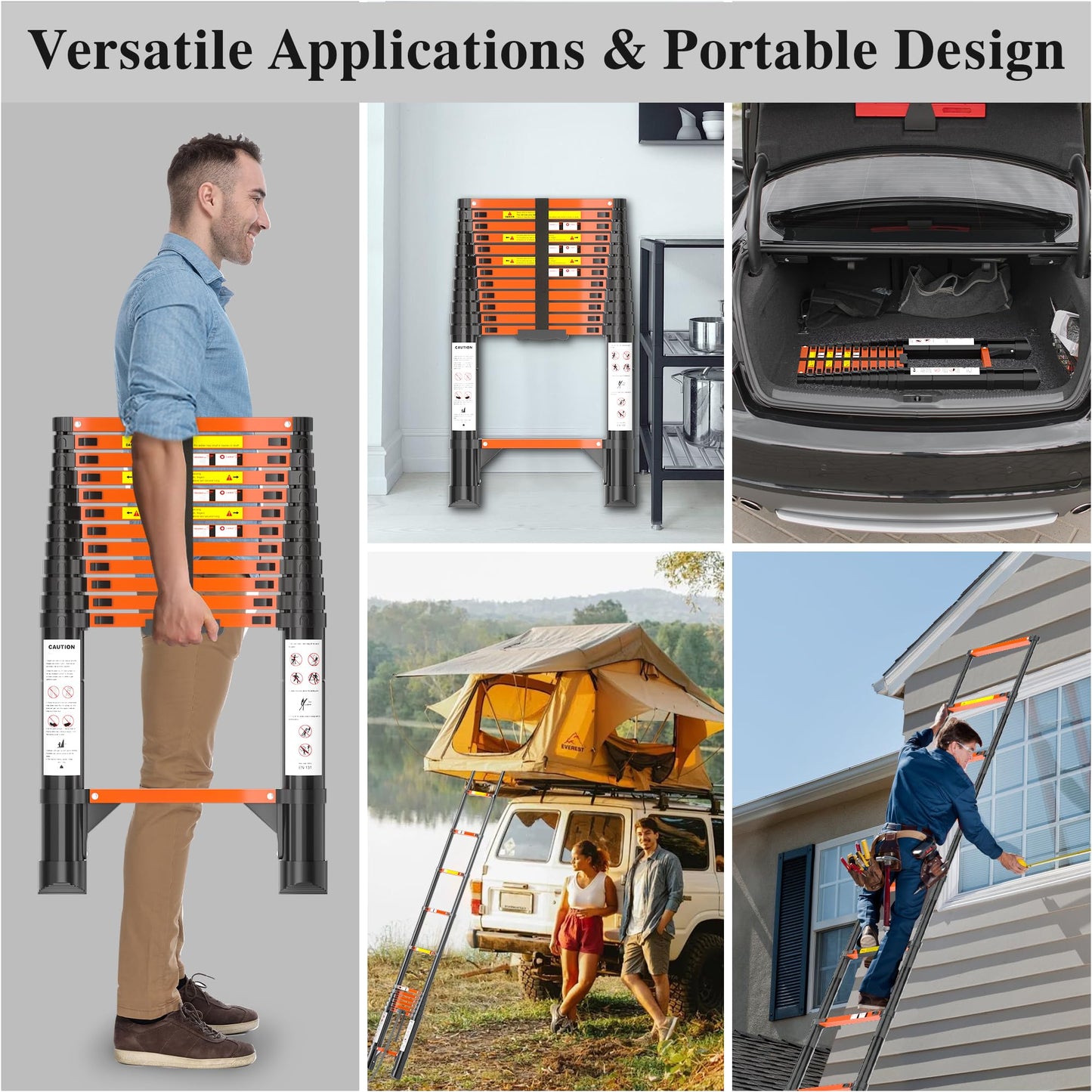 Telescoping Ladder, 12.5 FT Aluminum Extendable Ladder, 330 Lbs Capacity, Collapsible Folding Ladder for House, Roof, RV & Travel Trailer (Black+Orange)