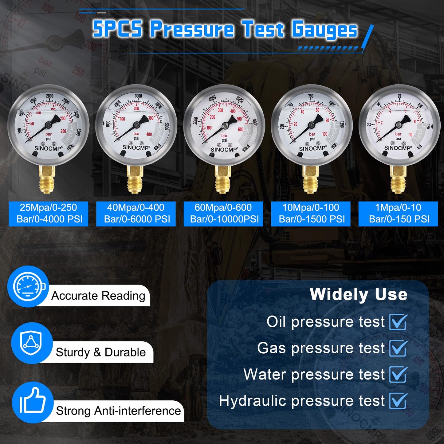 SINOCMP Hydraulic Pressure Test Kit with 5 Gauges 5 Test Hoses 13 Couplings 14 Tee Connectors, Hydraulic Tester Gauge Set 10/100/250/400/600Bar for Excavator Construction Machinery