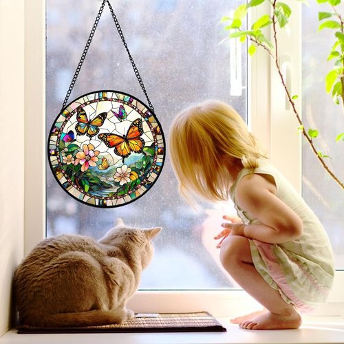 DASTOLL Stained Glass Suncatcher - Butterflies Flying in the Sky | 9.8-Inch Decorative Window Hanging for Home, Gifts for Mom