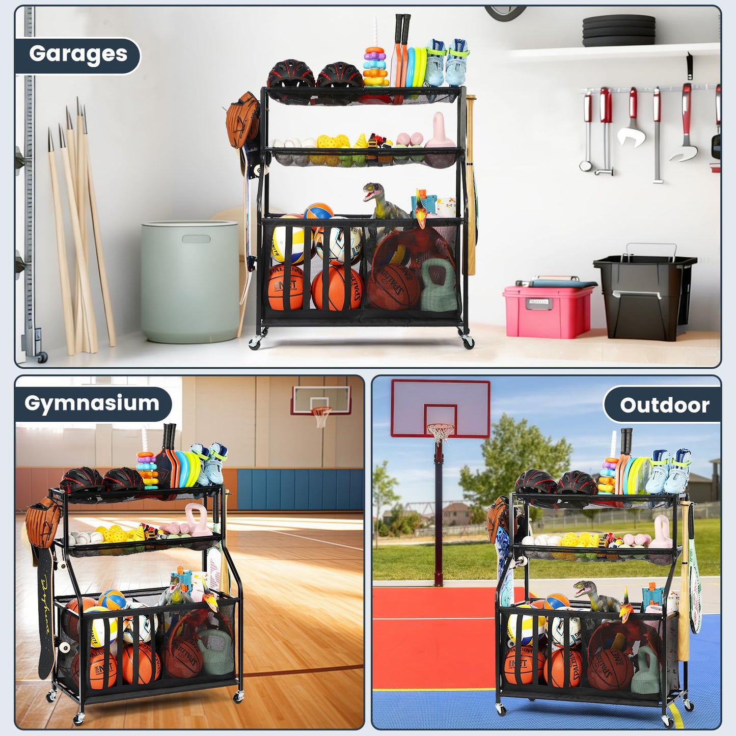 Kinghouse Garage Sports Equipment Organizer, Sports Rack with Hooks, with 37 Gal Ball Storage Bin, Elastic Straps Storage for Basketball, Soccer, Tennis, Stick, Racket, Nerf Gun, Toy, Indoor, Outdoor