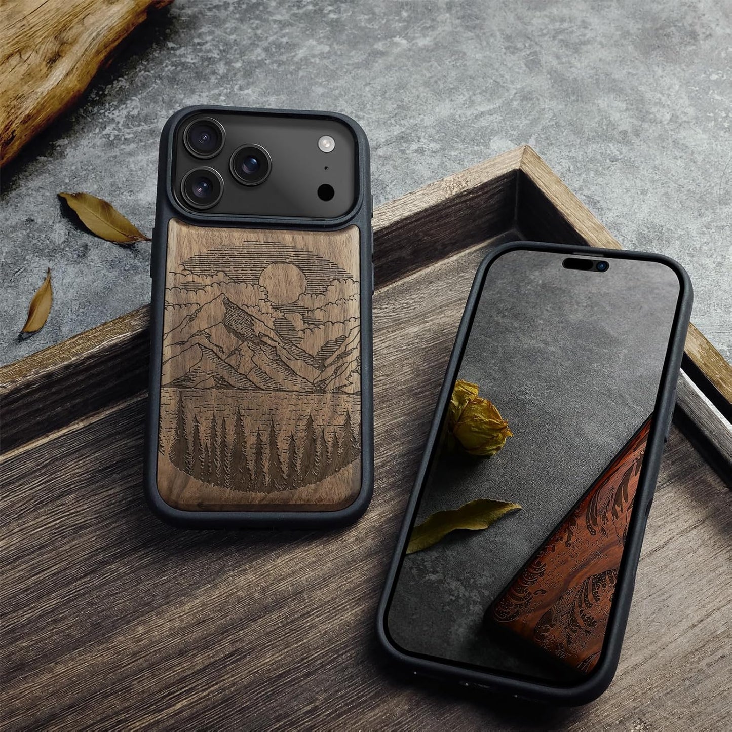 Carveit 17 Magnetic Wooden Case for iPhone Pro Case, Wood Artisan Engraved & Black Soft TPU Shockproof Cover