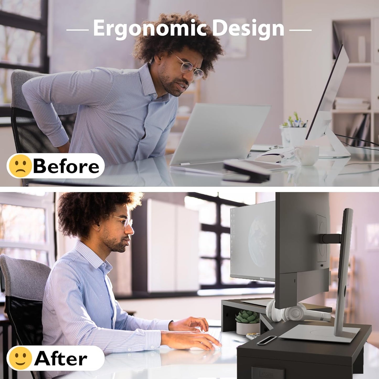 BONTEC Dual Monitor Stand Riser with Smartphone Holder, Adjustable Length & Swivel Angle, Ergonomic Wooden Desktop