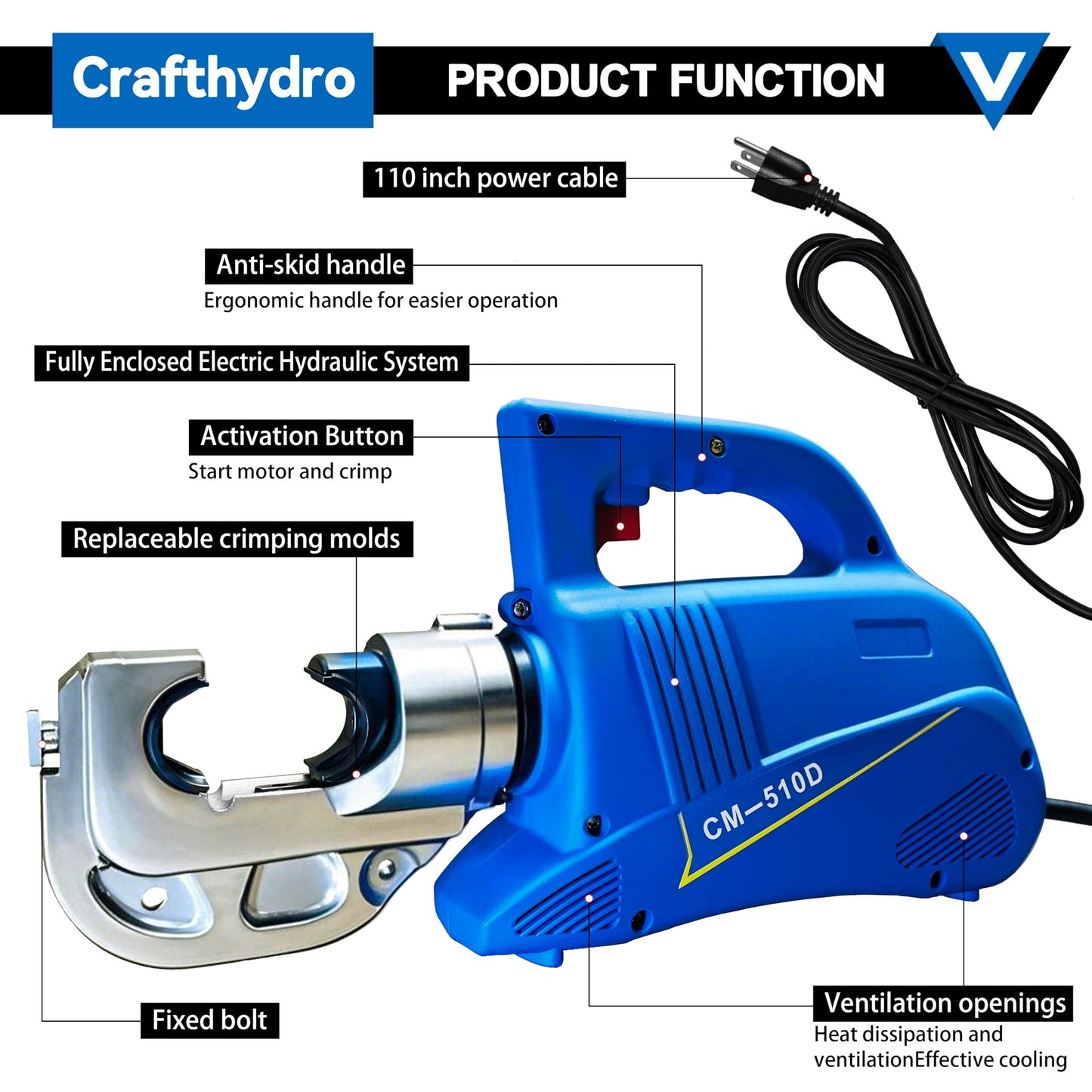 Hydraulic Crimping Tool 15Ton Electric Cable Lug Crimpers - 13 Dies (8AWG to 800MCM) Cable Wire Crimping Pliers Machine Kits with 2.8m Wire