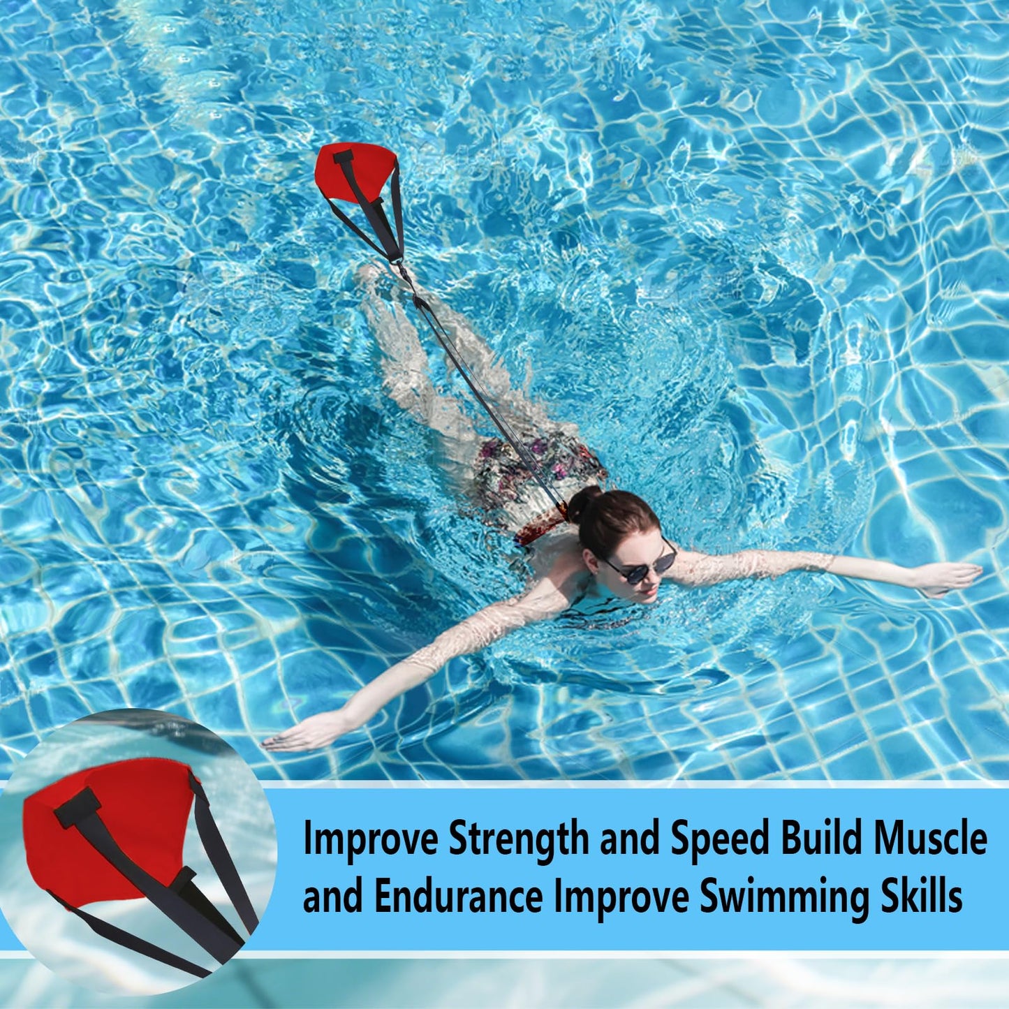 Adjustable Swim Parachute Belt - Resistance Training Stationary Swimming Belts Set for Swimmers Build Speed & Endurance for Pool, Ocean Water