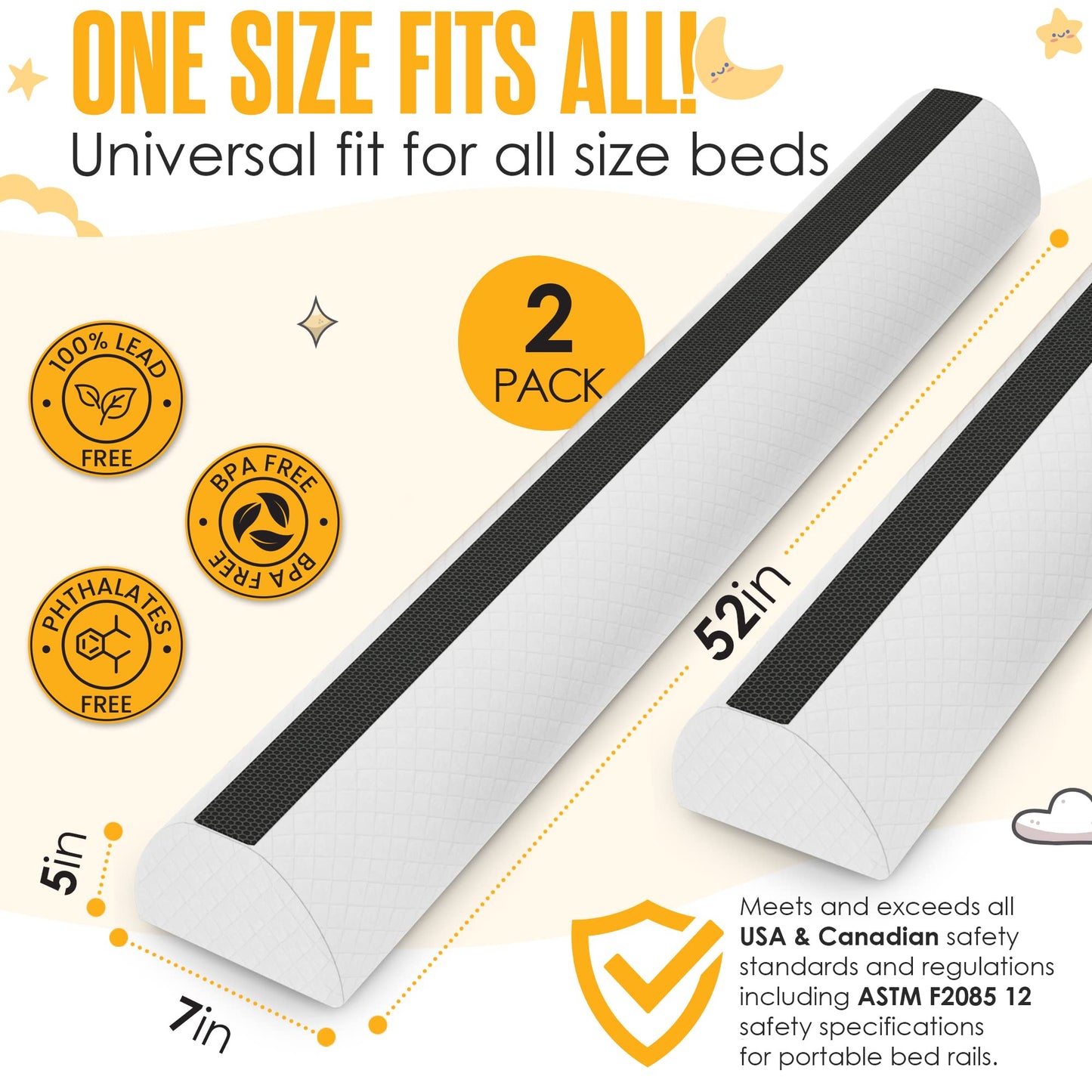 Sleepah Bed Rail for Toddlers (2 Pack) Memory Foam Bumper Guard w Dual Non-Slip Pads (Top & Bottom) Waterproof Washable Soft Removable Cover Safety Noodle for King Queen Full Twin Beds (2)
