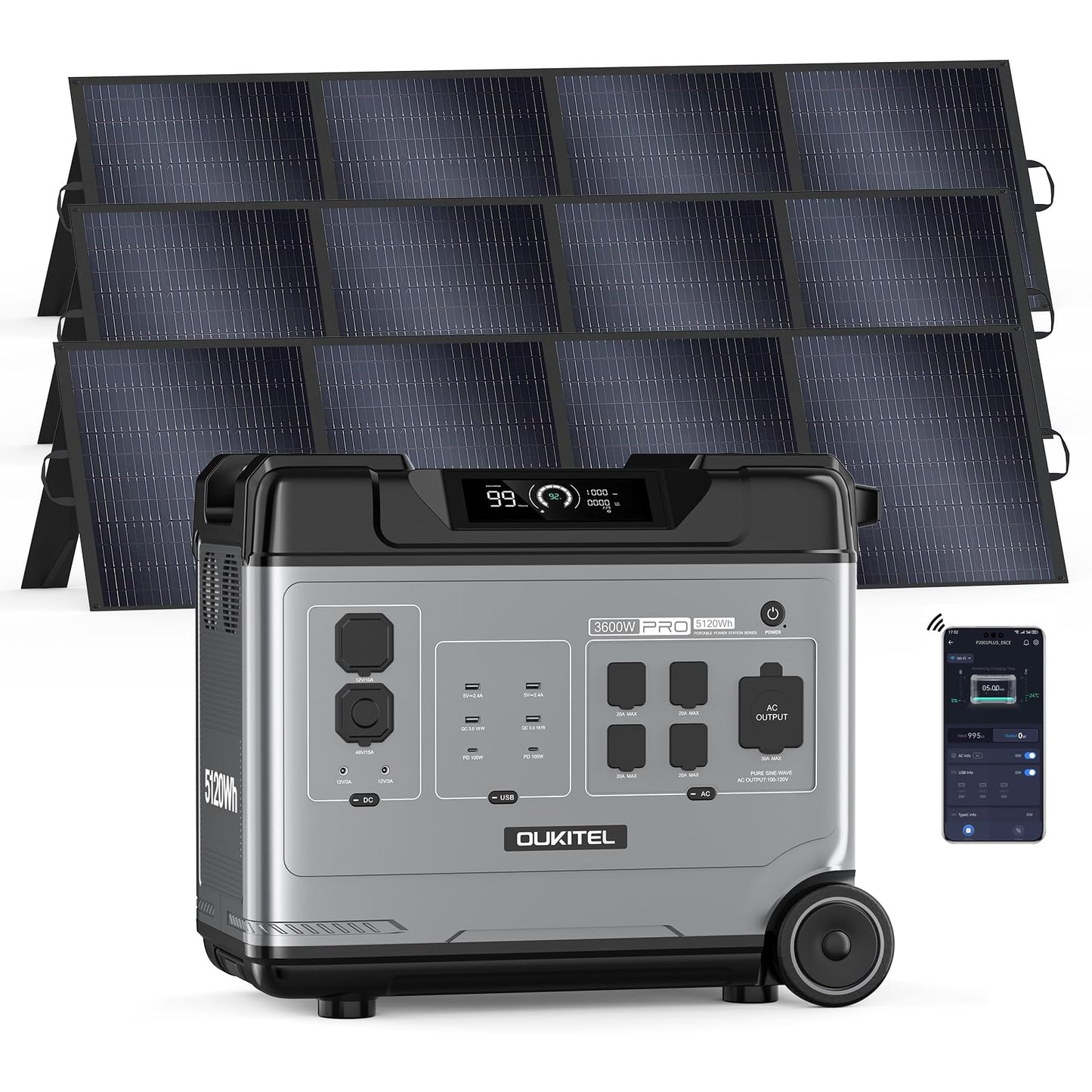 P5000 Pro 5120Wh Large Capacity Portable Power Station with 3×200W Solar Panels, 3600W(6000W Surge) Solar Generator with LiFePO4 Battery, 5×3600W AC Output, for Emergency, Home Backup, RV, Camping