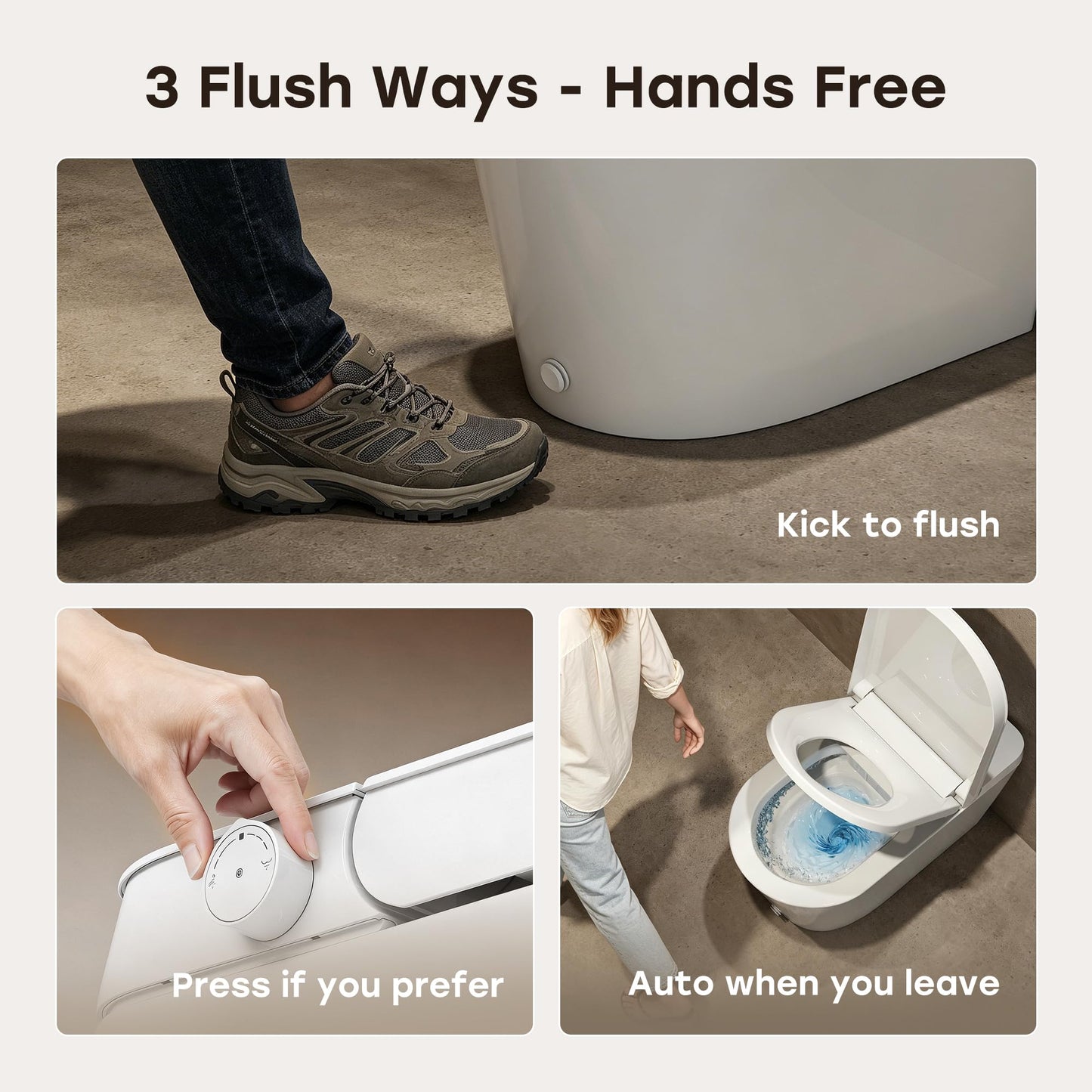 HOROW N30 Non-Electric Bidet Toilet with Auto Flush, No Outlet or Rewiring Needed, Battery Powered, Tankless One-Piece Elongated Toilet with Dual Nozzle Wash, ADA Chair Height, 1.22 GPF, 12" Rough-In