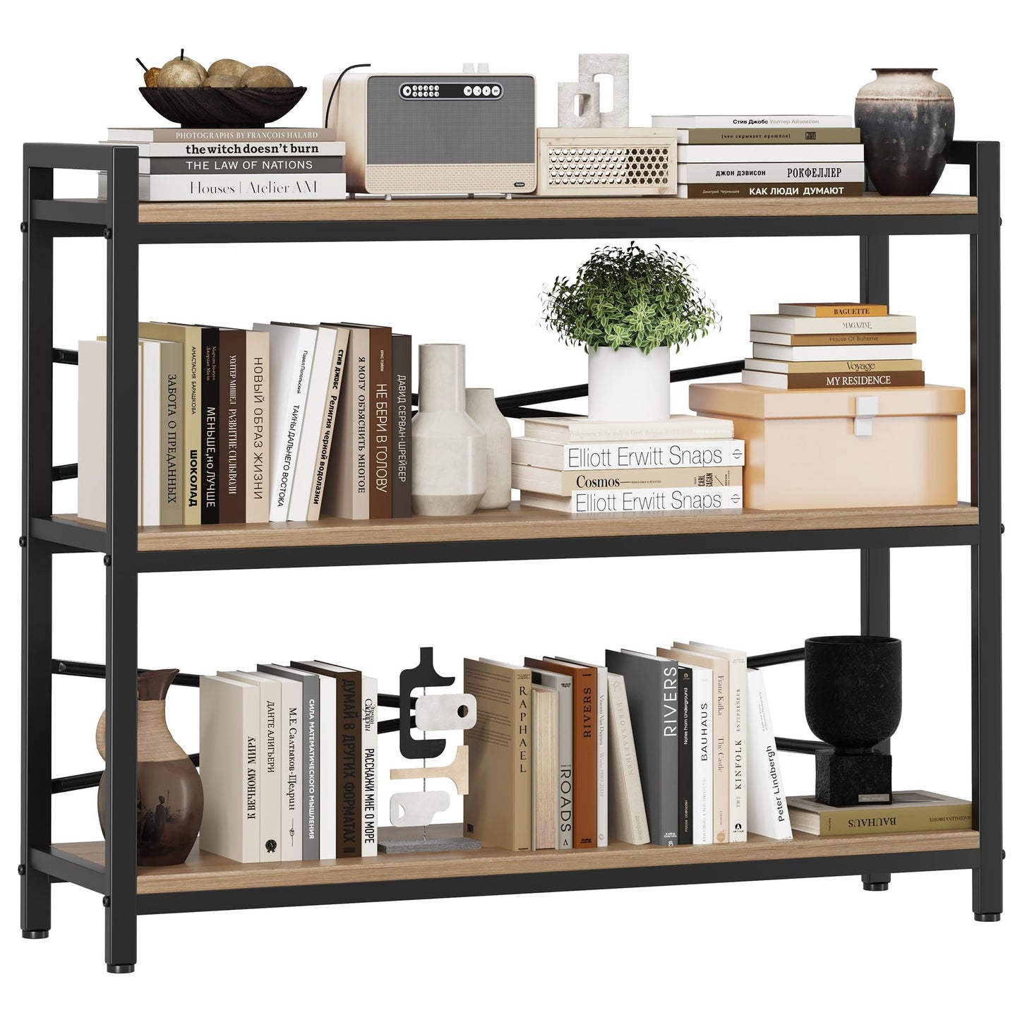 3 Tier Bookshelf 39.37" Width, Dorm Desk Hutch, Desk Shelf, Long Industrial Bookcase, Wooden Large Book Shelf for School Home Living Room Bedroom Office Storage(Light Coffee)