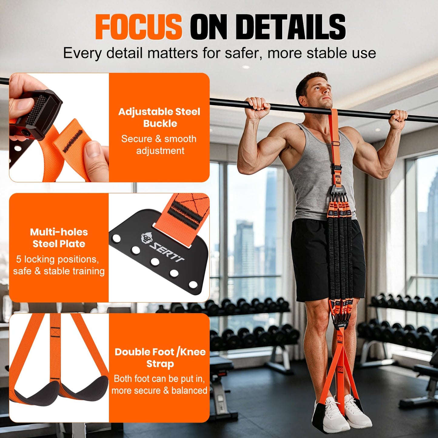 SERTT Adjustable Pull Up Assistance Band, Upgrade Pullup Assist Band for Pull Up Bar with 5 Heavy Duty Resistance Bands Support 375lbs (Orange)