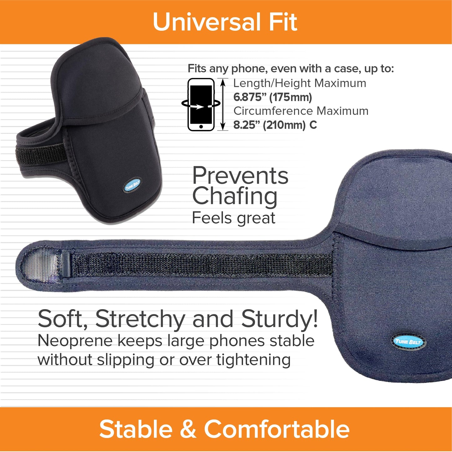 Tune Belt AB93 Running Armband: Easy-Access (Slide Phone in/Out); Universal No-Bounce Fit for iPhone Pro Max & Galaxy Ultra; Soft, Stretchy, Water-Resistant with Key/Card Pocket for Workouts & Sports