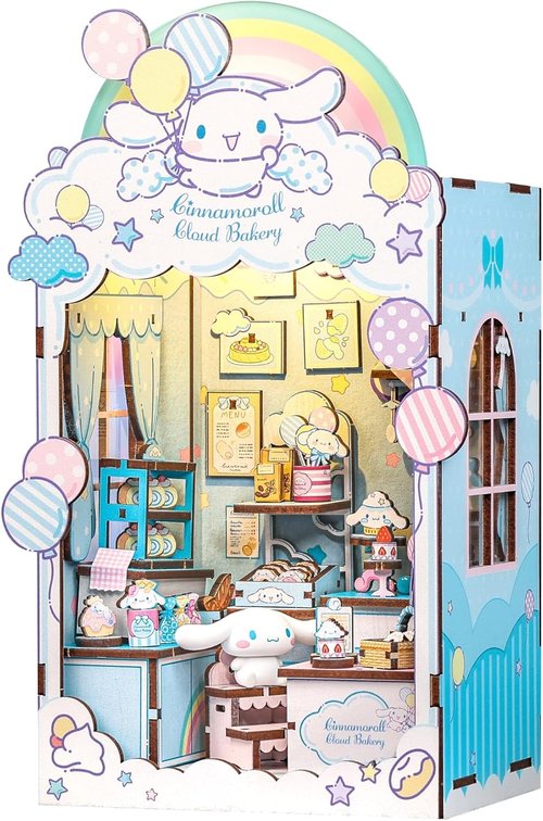 Hands Craft Cinnamoroll Cloud Bakery Book Nook Kit - Kawaii 3D Puzzle with LED Lights | DIY Wooden Decor