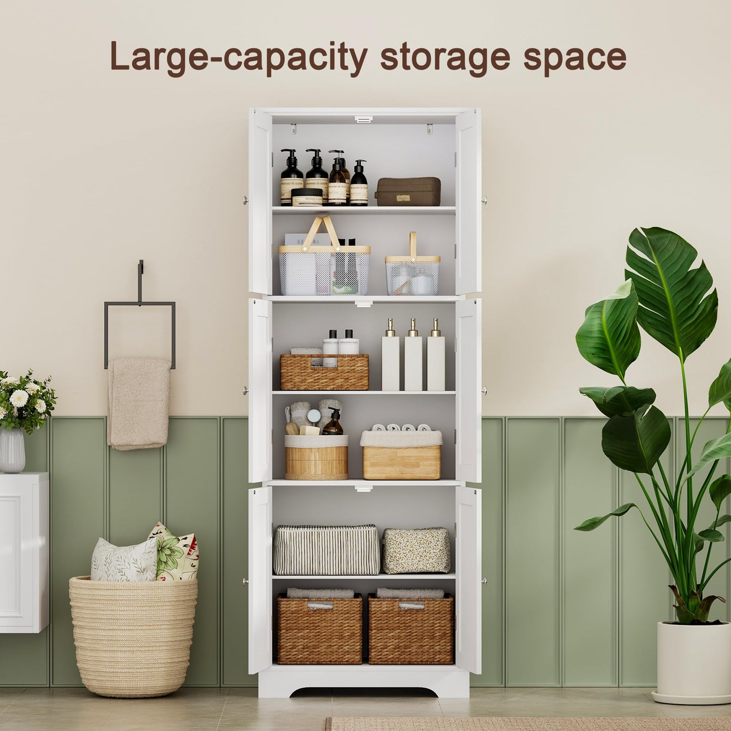 ChooChoo Tall Bathroom Storage Cabinet with 6 Doors, Freestanding Floor Cabinet with Adjustable Shelves, White Pantry Cabinet for Bathroom, Kitchen, Laundry Room