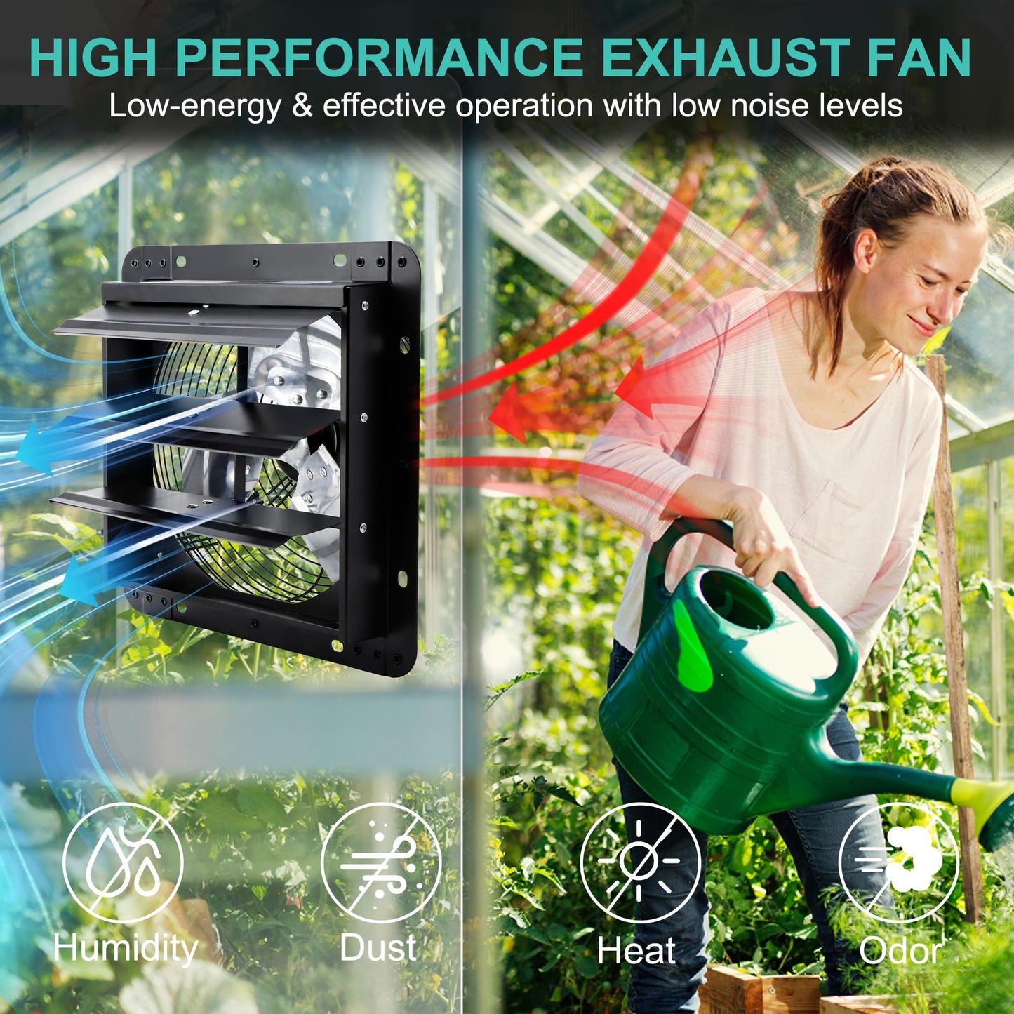 Hipoilk 14 Inch Shutter Exhaust Fan, Wall Mount Attic Fan with Power Cord for Greenhouse, Shed, Garage, Barn, Chicken Coop Ventilation, 1088 CFM, Black