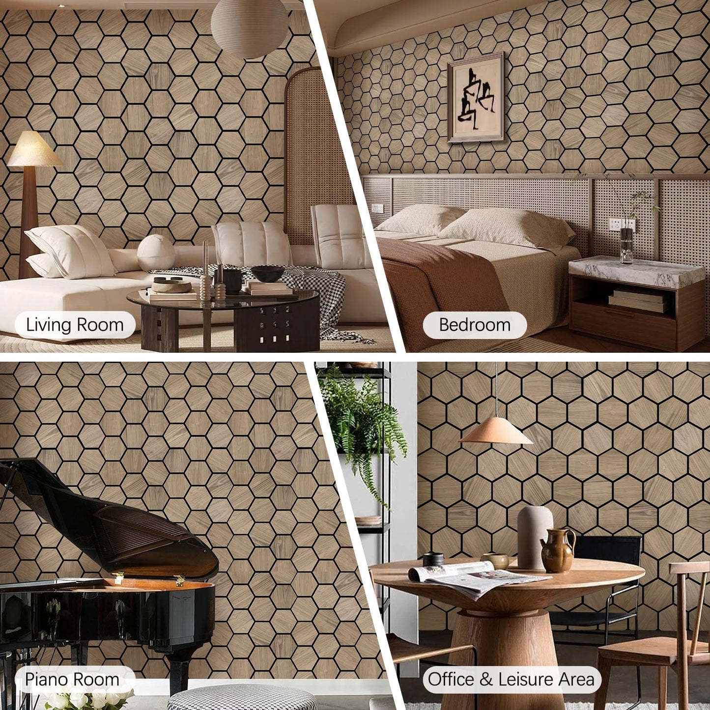 ARMURO Wall Paneling for Interior Wall - 4 PCS Hexagon Wall Panels - Hexagon Acoustic Panels - Natural Walnut Wood Veneer Sound Proof Panels for Walls, Wood Slat Wall Panel 23.8" W x 29" L
