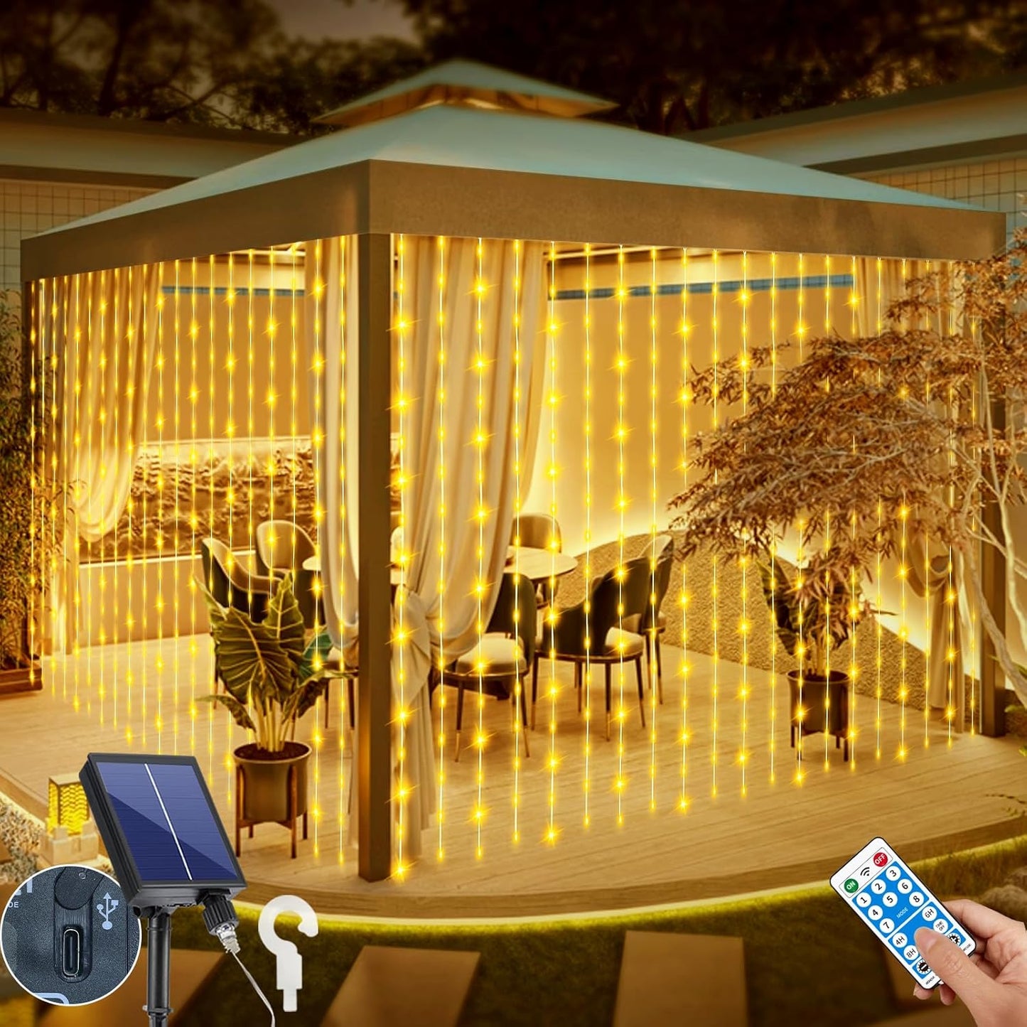 Skiennix Solar Curtain Lights - Waterproof 10x10 Ft 300 LED Twinkle Fairy Lights | 8 Modes, Remote Control, Rechargeable for Outdoor Events