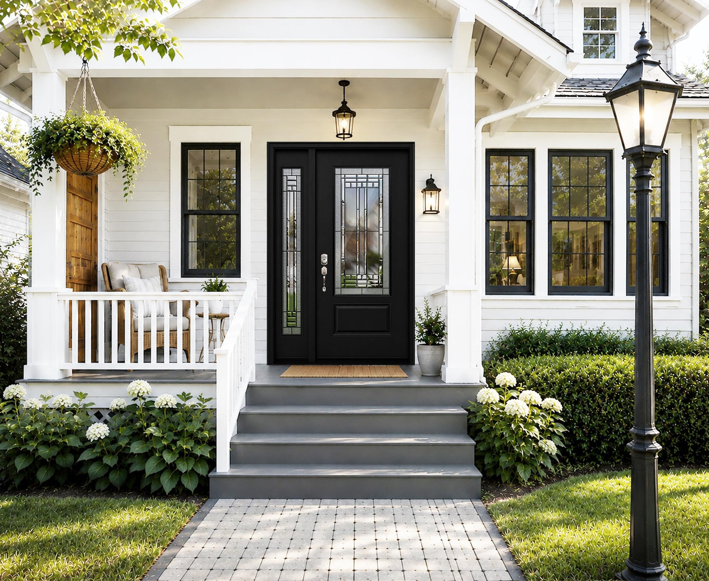 53x80in Fiberglass Front Door with 14in Sidelight, Black Exterior Entry Door for Home, Right-Hand Inswing, Textured Finished with Decorative Glass Knock-Down Door, Vinyl Frame and Brickmould Included