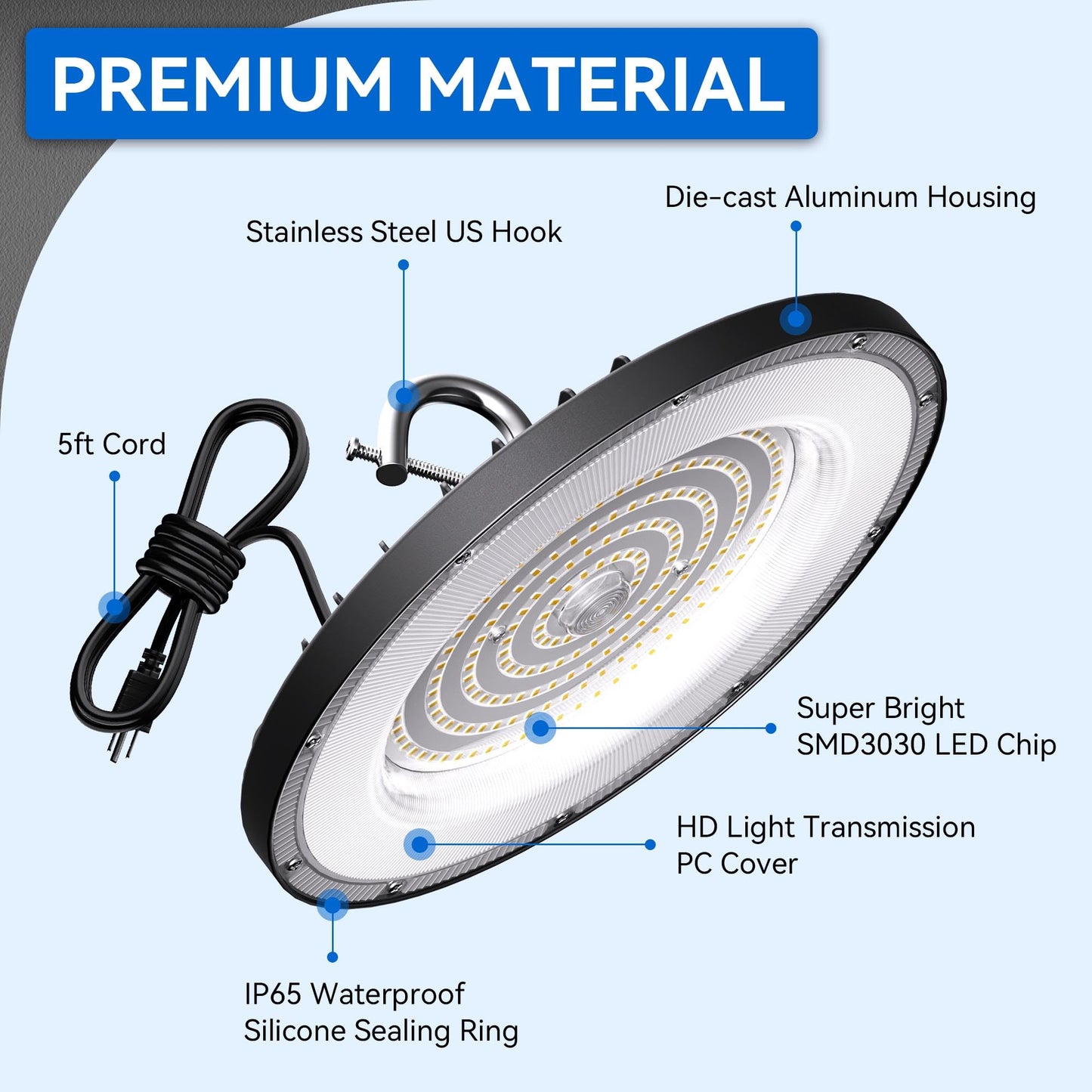 Yihuven 10 Pack UFO Led High Bay Light 150W, 21000lm, 6000K Daylight Plug & Play Lighting for Warehouse, High Bay Led Lights with 5' Cable US Hook, IP65 Waterproof Commercial Light Fixture