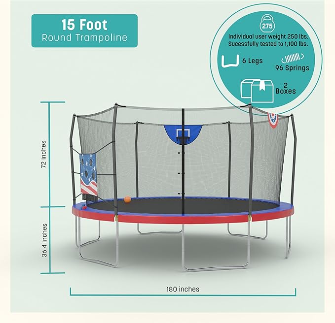 Skywalker Trampoline Outdoor 8 FT, 12 FT, 15 FT Jump N’ Dunk Round Outdoor Trampoline with Net, Trampoline Mat, and Basketball Hoop for Trampoline