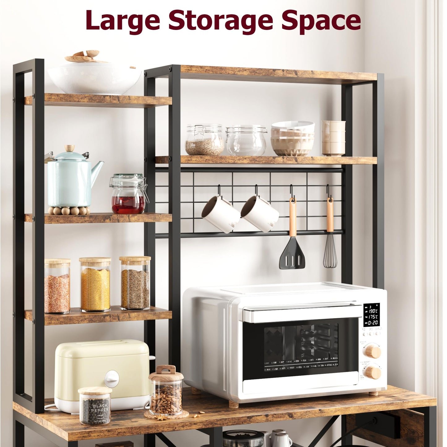 IDEALHOUSE Bakers Rack with Power Outlet, Microwave Stand with 2 Wire Drawer, Industrial Coffee Bar Station, 7-Tier Kitchen Bakers Rack with Large Storage for Spice, Pots Organizer, Rustic Brown