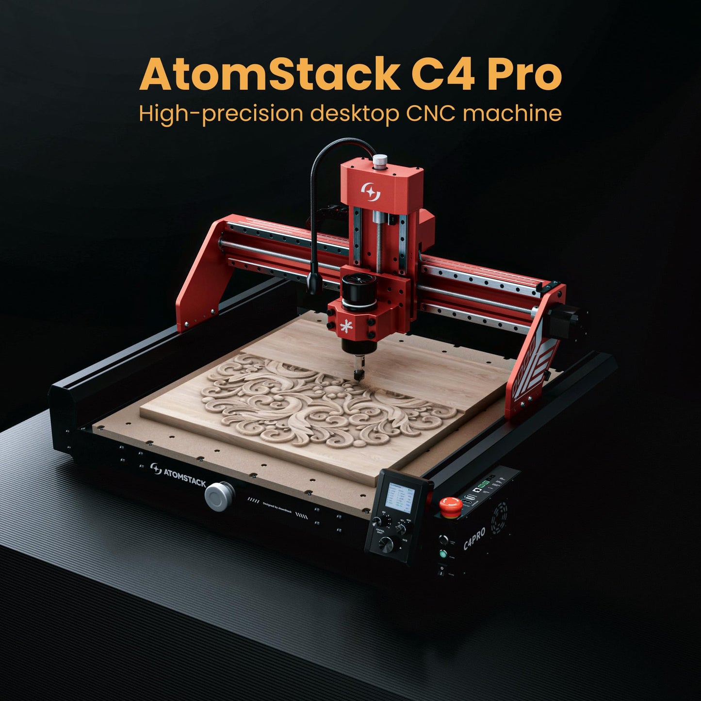 AtomStack C4 Pro CNC Router 200W - Cuts Aluminum, Soft Metal, Wood, Acrylic, PCB - 16.5x16.5 in, 12,000 RPM Spindle, 4-Point Centering - Desktop Milling Machine, Grbl Compatible