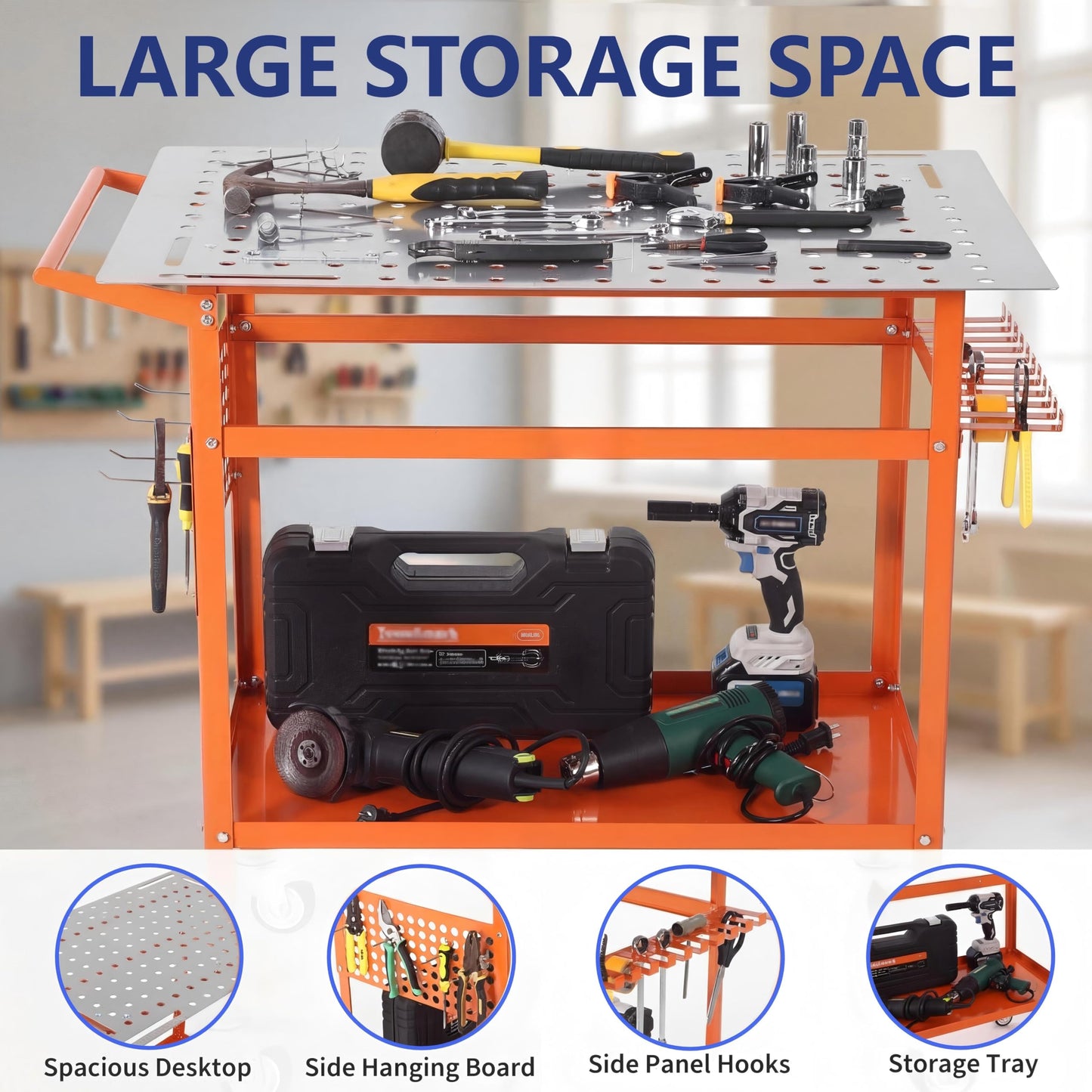 800LBS Welding Table, 36"x24" Portable Welding Workbench with 2 Brake Wheels & 4 Feet, Heavy Duty Steel Frame, Side Pegboard, Hooks and Tool Tray, for Garage Workshop, Orange