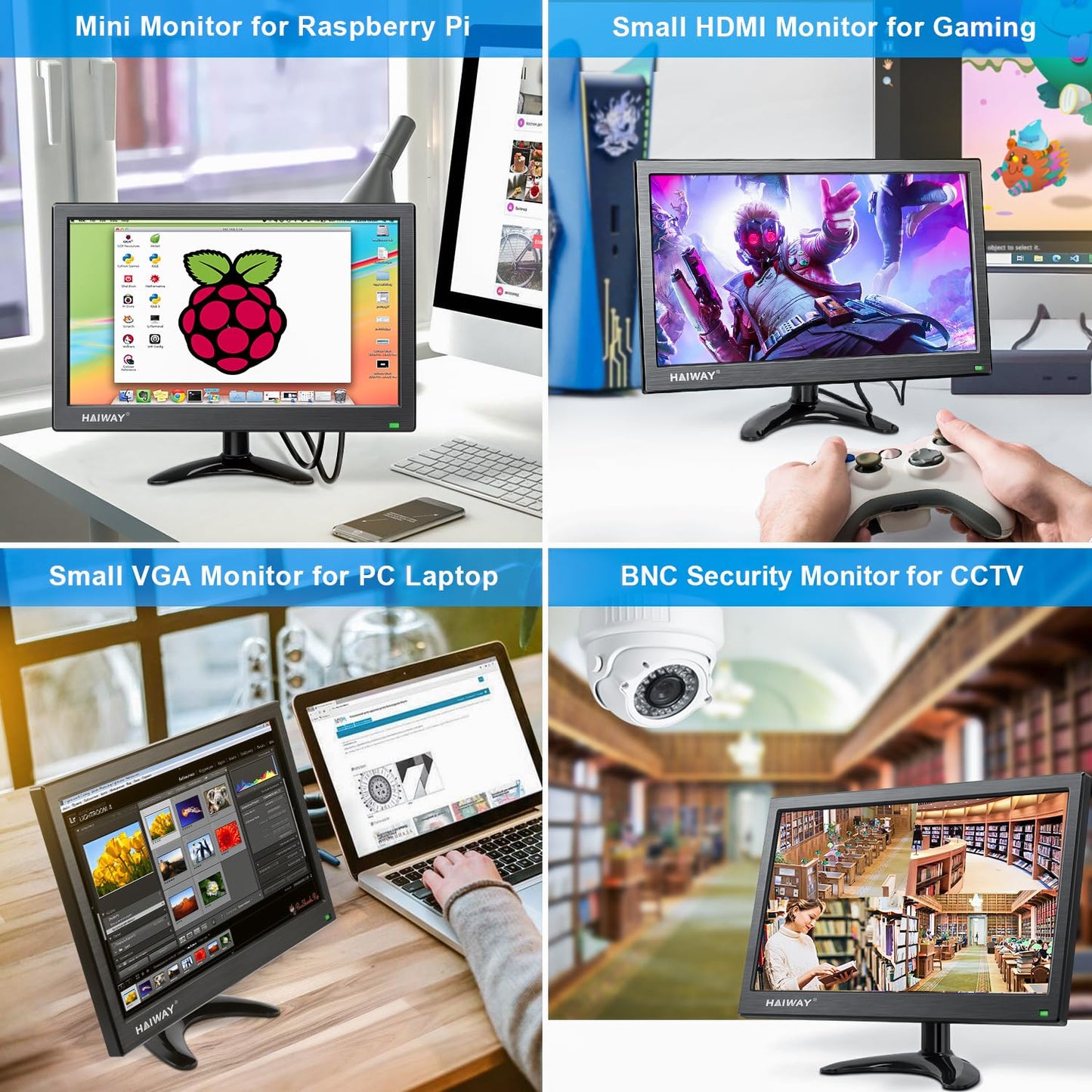 Haiway 13.3 inch Security Monitor, 1366x768 LED Monitor Small HDMI Monitors with Remote Control Built-in Speakers, Mini Monitors HDMI VGA AV BNC USB Input for CCTV Raspberry Pi PC Fire Stick Gaming