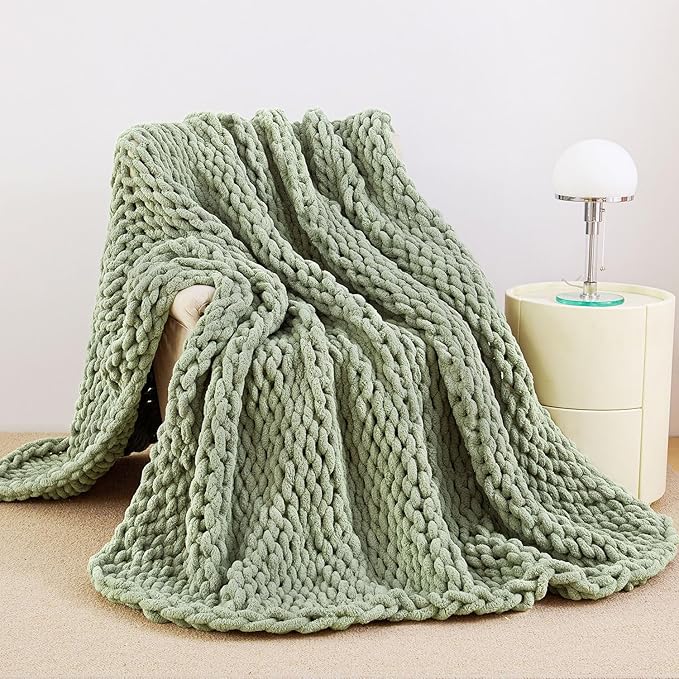 Admitrack Chunky Knit Blanket Throw, 100% Hand Knit Chenille Throw Blanket for Sofa & Home Decor, Soft and Cozy Knitted Throw Blankets (Sage Green，51"x63")