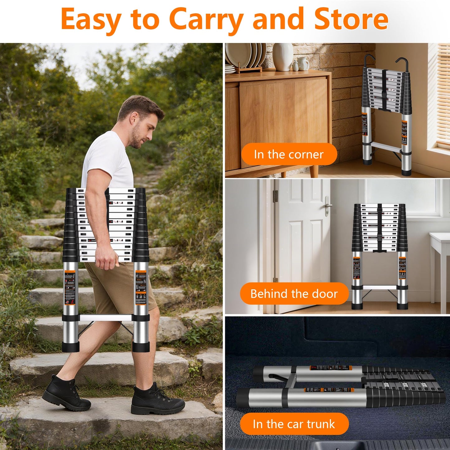 Telescoping Ladder 16.5 FT Stainless Steel Extension Ladder with 2 Detachable Hooks, Portable Multi-Purpose Collapsible Telescope Ladder for Home,RV,Outdoor Work, 330lbs Max Capacity