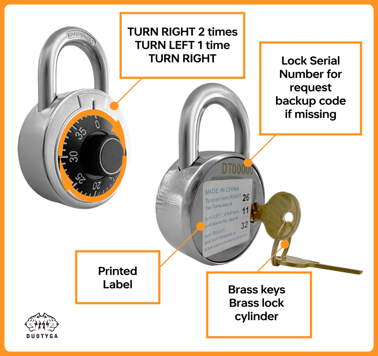 DuoTyga Combination Padlock with Key, 2 Pack 2 Keyed Alike Matching Key, Combination Locker Lock for Toolbox, School and Gym Locker, Employee and Case, Black