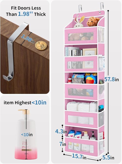 JARLINK Over The Door Organizer - 5 Shelf Hanging Storage with Large Capacity Pockets | Pink
