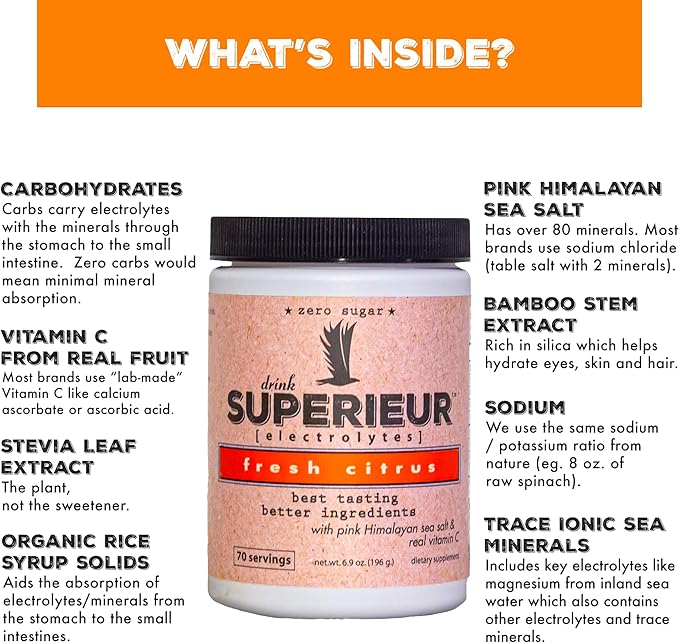 Superieur Electrolytes ??Plant Based Electrolyte Supplement w/Sea Minerals for Hydration & Recovery ??Keto Friendly, Non-GMO, Zero Sugar, Vegan Healthy Sports Drink Powder ??Citrus (70 Servings)
