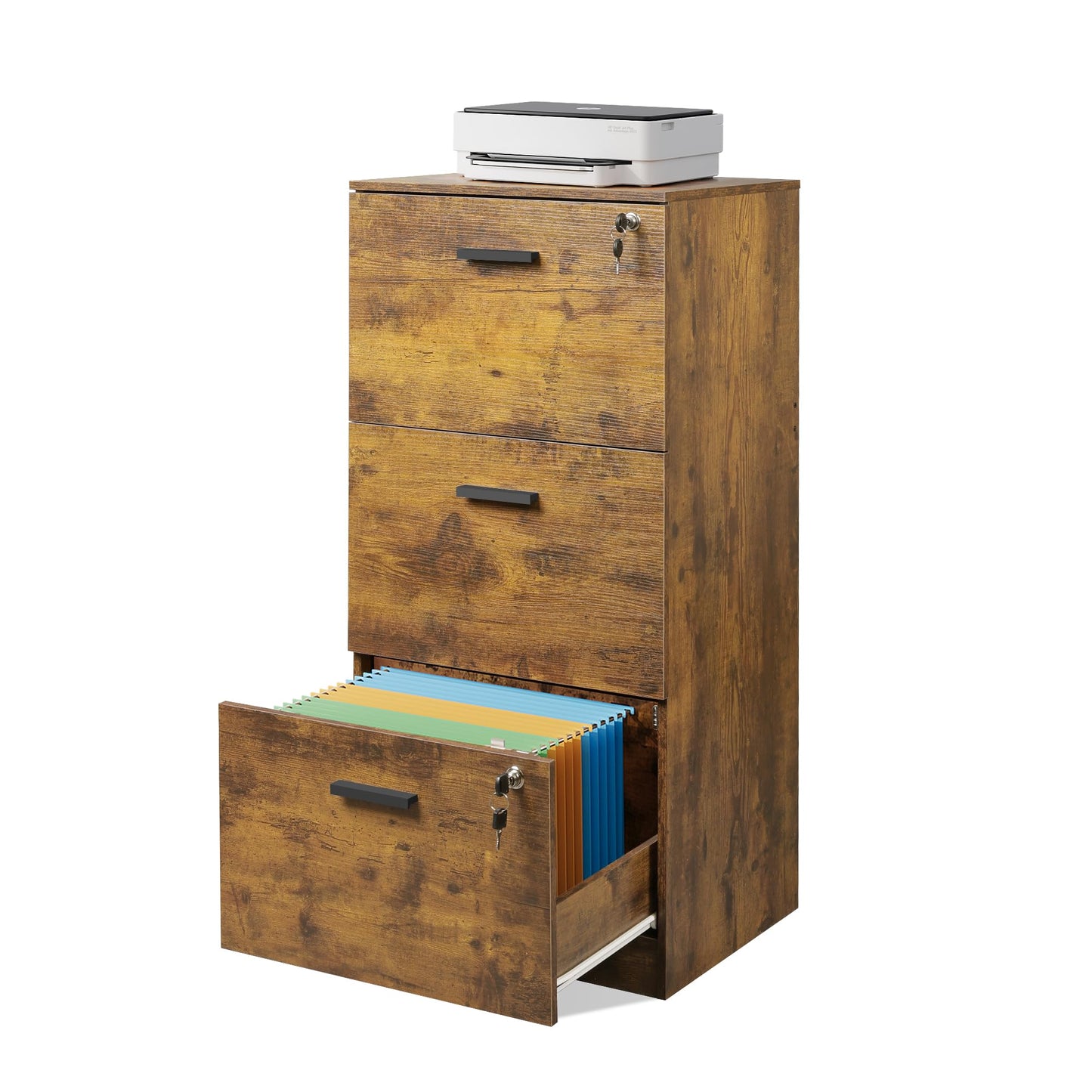 DEVAISE 3 Drawer File Cabinet with Lock, Vertical Wood Filing Cabinet for Office Storage, Printer Stand for Filing Cabinets for Home Office, Rustic Brown