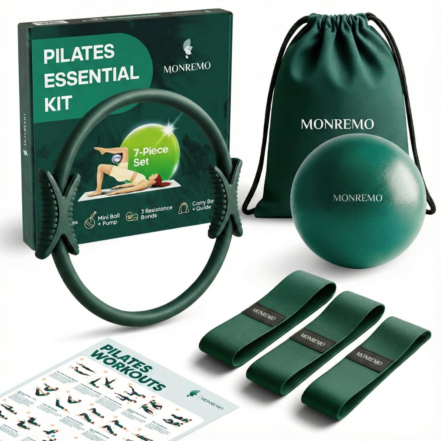 MONREMO Pilates Home Workout Kit – 7pc Pilates Set for Women with Toning Ring (Magic Circle), Mini Ball & Resistance Bands. Full Mat Pilates Equipment for Yoga, Core & Stretching at Home