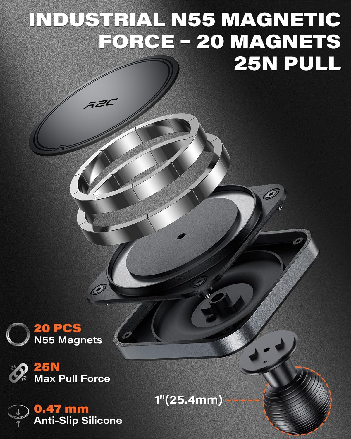 APPS2Car 1" 17-12 Heavy Duty Magnetic Phone Holder Base with Ball for MagSafe iPhone Series, Compatible with RAM mounts