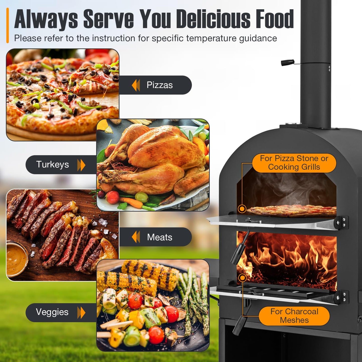 LDAILY Outdoor Pizza Oven, Wood Fired Pizza Maker with Side Shelves, Cooking Grids, Cover, Pizza Stone & Peel, Patio Portable Pizza Stove for Backyard, Camping & Party, Black