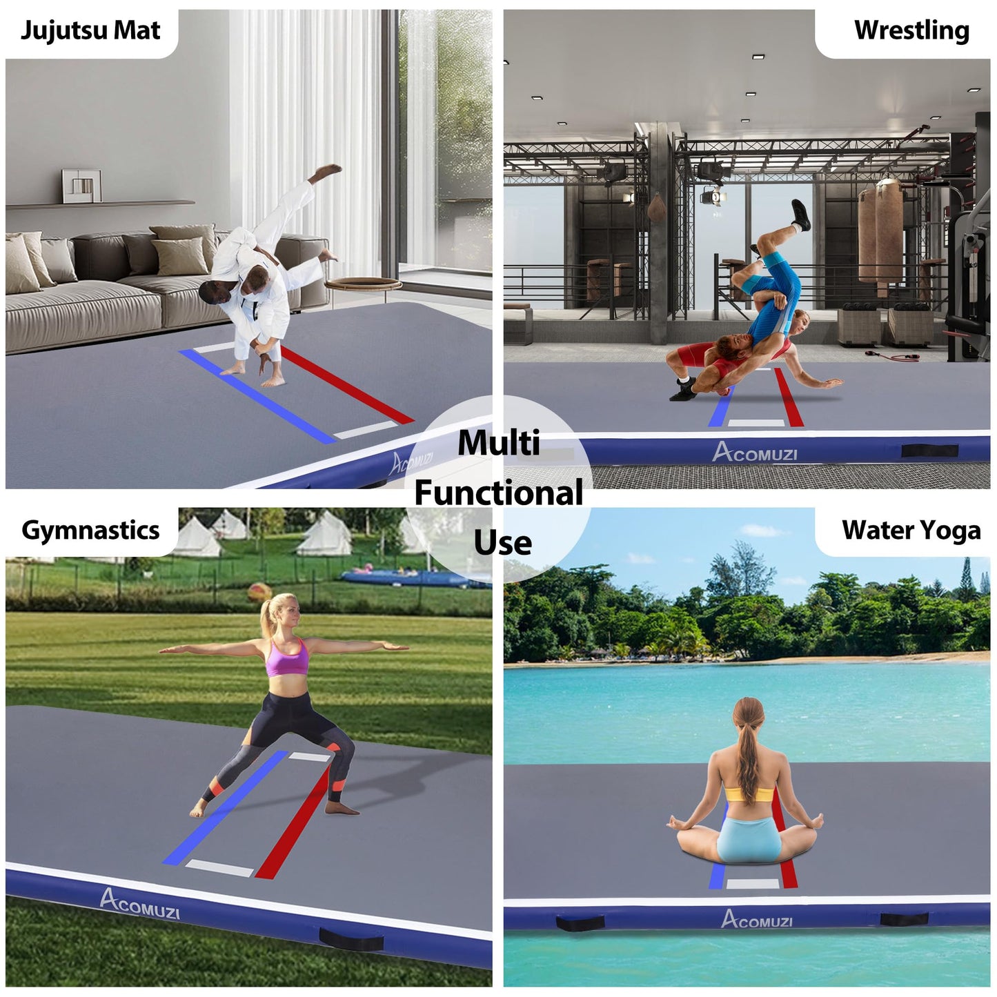 ACOMUZI Inflatable Wrestling Mat 13FT/10FT/5FT, Portable Jiu Jitsu Mats Wrestling Mat for Home, Outdoor or Indoor Training Mat for Water Yoga, Gymnastics, BJJ, MMA (Gray+Blue, 10FTx5FT×4inch)