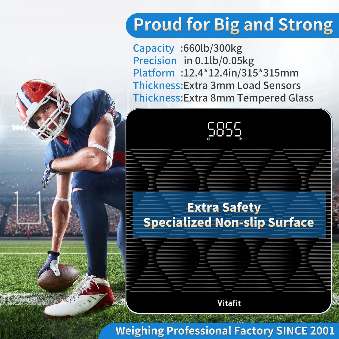 Vitafit 660lb Scale for Body Weight, Accuracy 0.1lb by Our Professional Scale Factory Since 2001, Smart Digital Weight Scale BMI via APP, 8mm Non-Slip Tempered Glass 12.4" x 12.4", LED, 3xAAA, Black