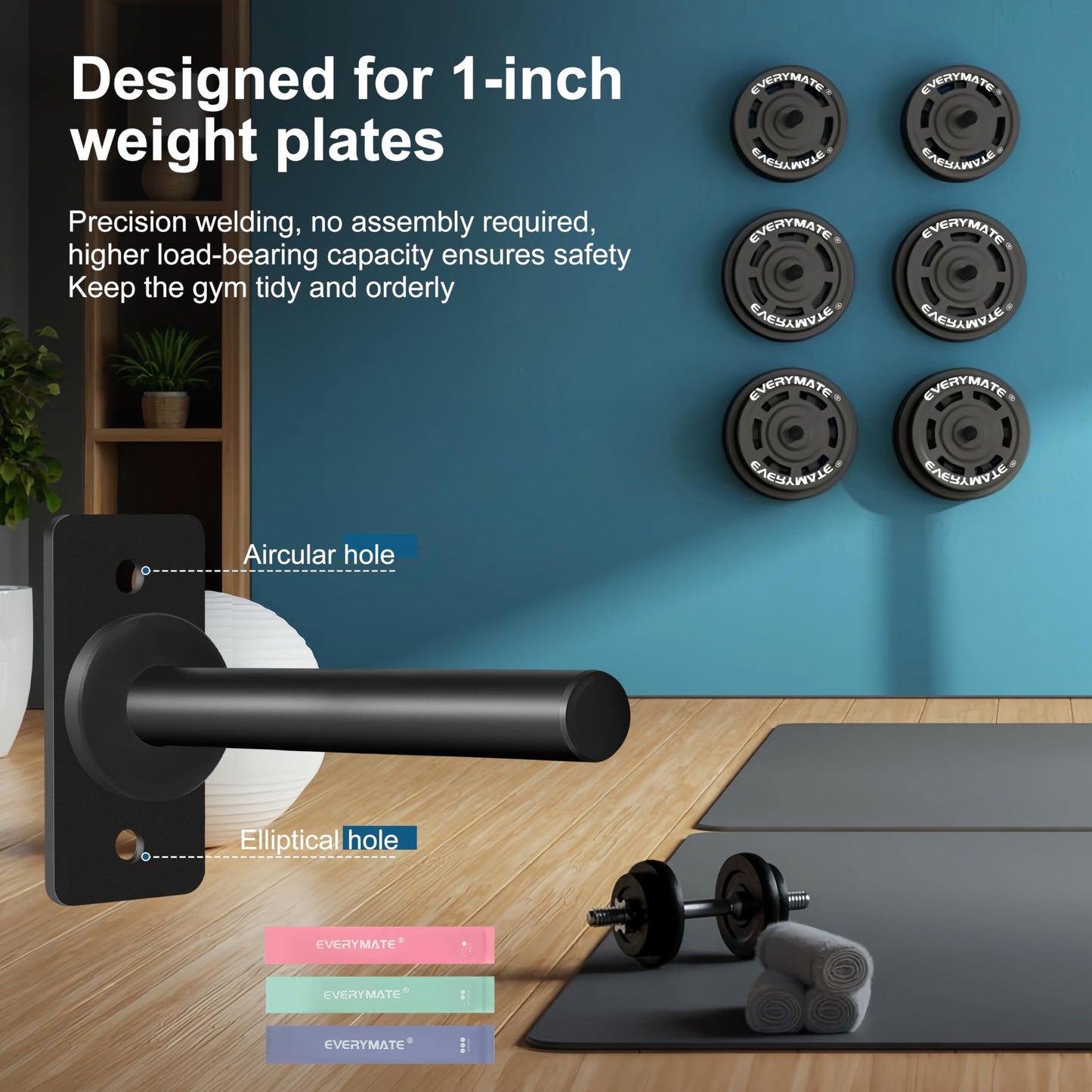 EVERYMATE Weight Plate Rack, Wall Mount Weight Plate Holder for Bumper Plates, Max Weight Capacity 330 lb, Home Gym Organizer
