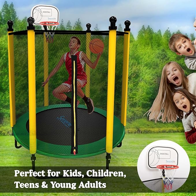 SereneLife 5FT Outdoor & Indoor Trampoline for Kids – Durable Mini Toddler Trampoline with Net Enclosure & Basketball Hoop - Supports 176 lbs, 60"x76"