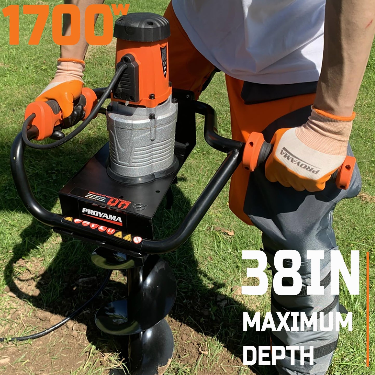 PROYAMA Electric Post Hole Digger, 1700W Corded Earth Auger with 4" 6" 8" Drill Bit, 12" Extension Rod, Reverse Control, 5-Year Warranty Gear Box, Ideal for Post Hole Digging, Drilling, Tree Planting