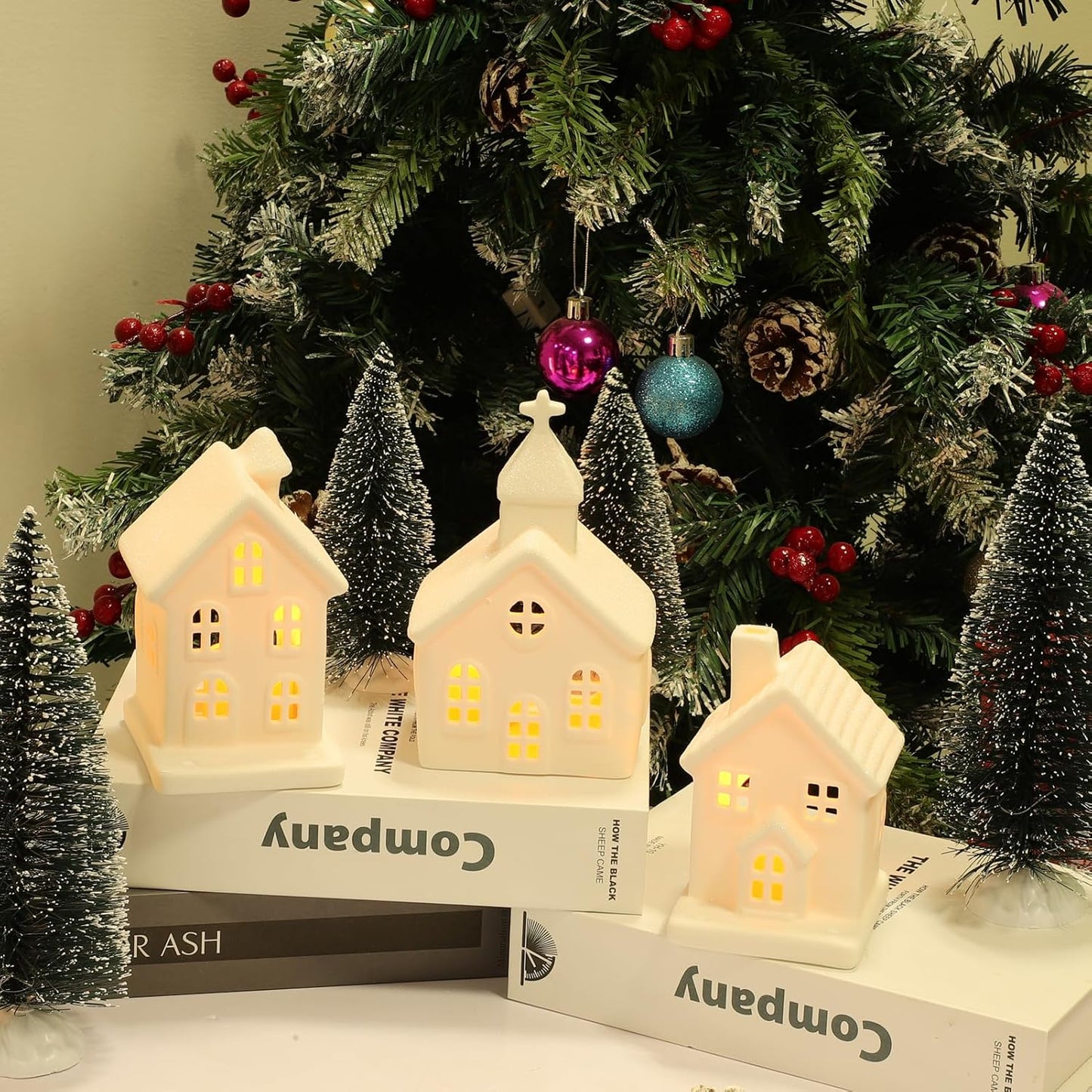 Skiennix 7PCS Christmas Village Set - LED Lighted Ceramic Houses & Decorative Trees | Remote Control Candles