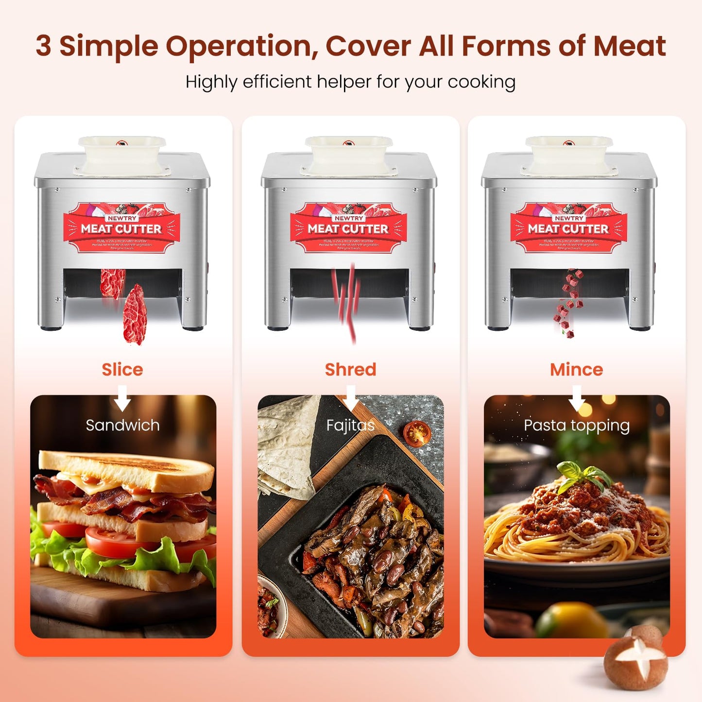 NEWTRY Commercial Meat Cutter Machine, 10mm Blade, Save Time, Easy to Clean, Slices Strips Cubes 3 in 1, 110V US Plug