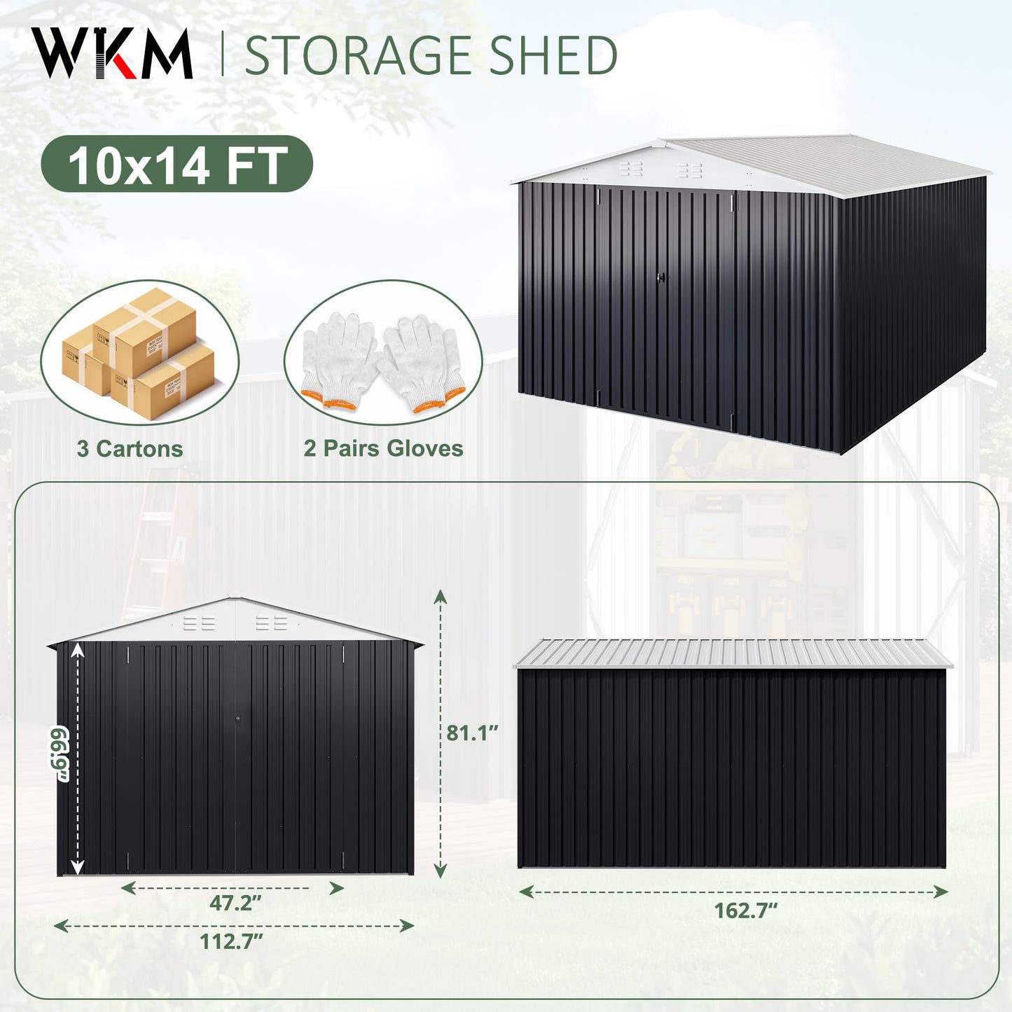 WKM 10x14 Metal Outdoor Storage Sheds, Heavy-Duty Galvanized Steel Garden Shed with Lockable Doors & 4 Vents, Waterproof Tool Shed Organizer for Outside, Backyard, Patio, Lawn, White