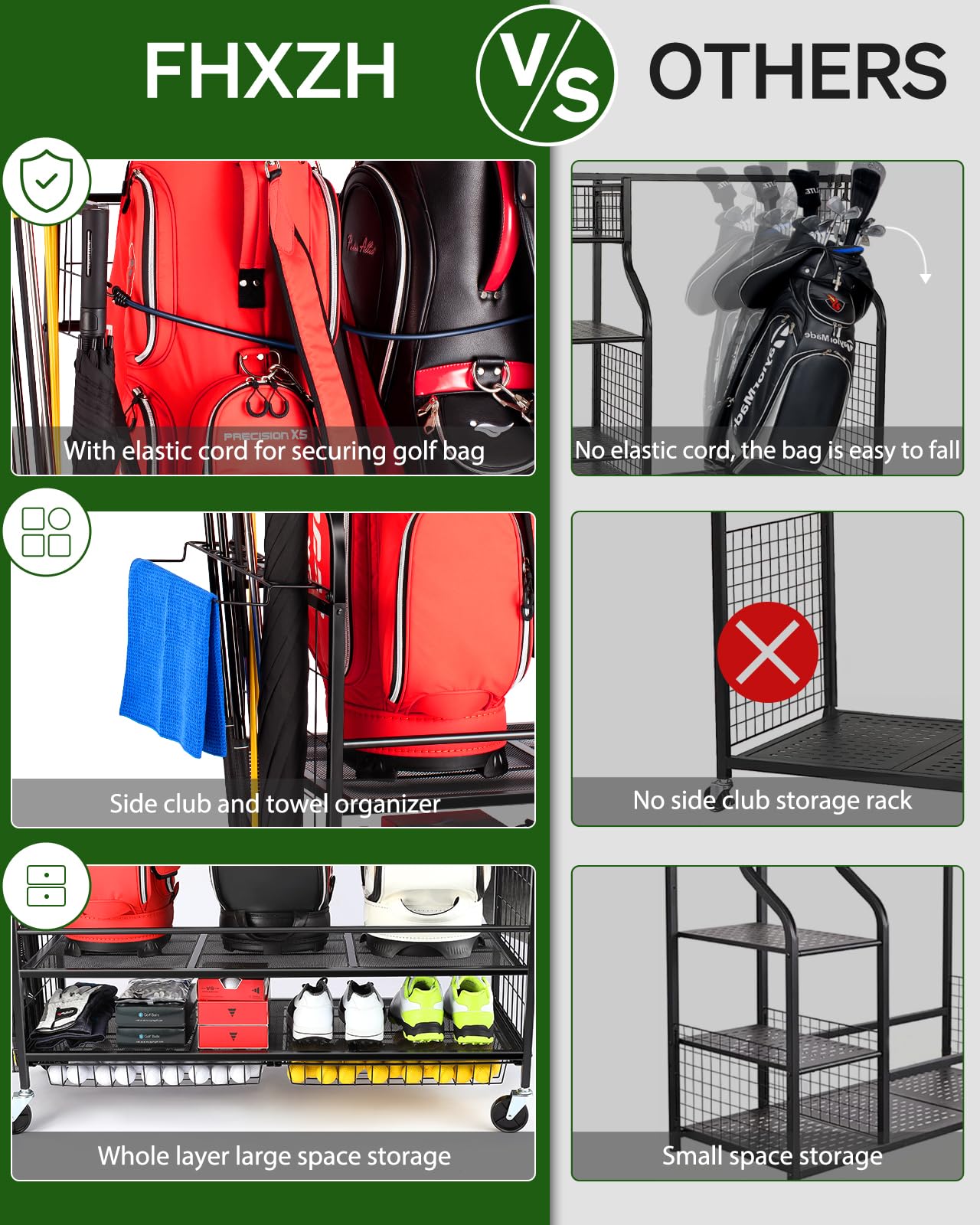 FHXZH 3 Golf Bag Storage Garage Organizer, Golf Bag Stand Fit for 3 Golf Bags, Golf Clubs, Golf Balls, Golf Equipment Accessories, Storage Rack with Wheels for Garage, Club, Shed, Basement