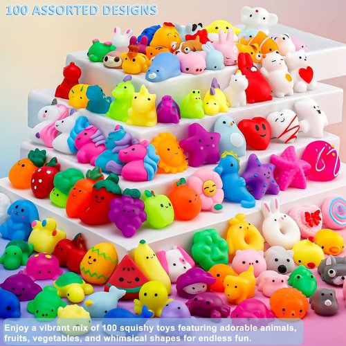 Mochi Squishy Toys 100 Pack - Fun Party Favors for Kids | Birthday Gifts & Classroom Prizes