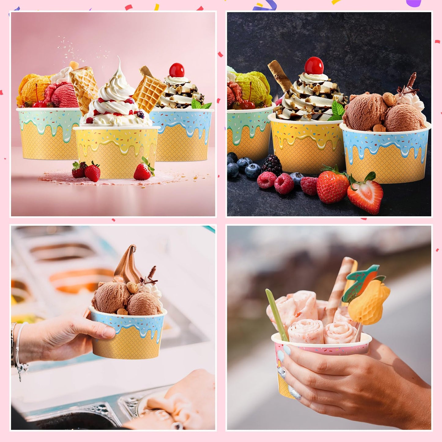 Ninehaoou 100 Pcs Ice Cream Cups Bulk Paper Disposable Dessert Bowls Ice Cream Bowls Paper Dessert Cups Sundae Soup Yogurt Cold or Hot Food Party Supplies for Summer Party Decoration (8 oz)