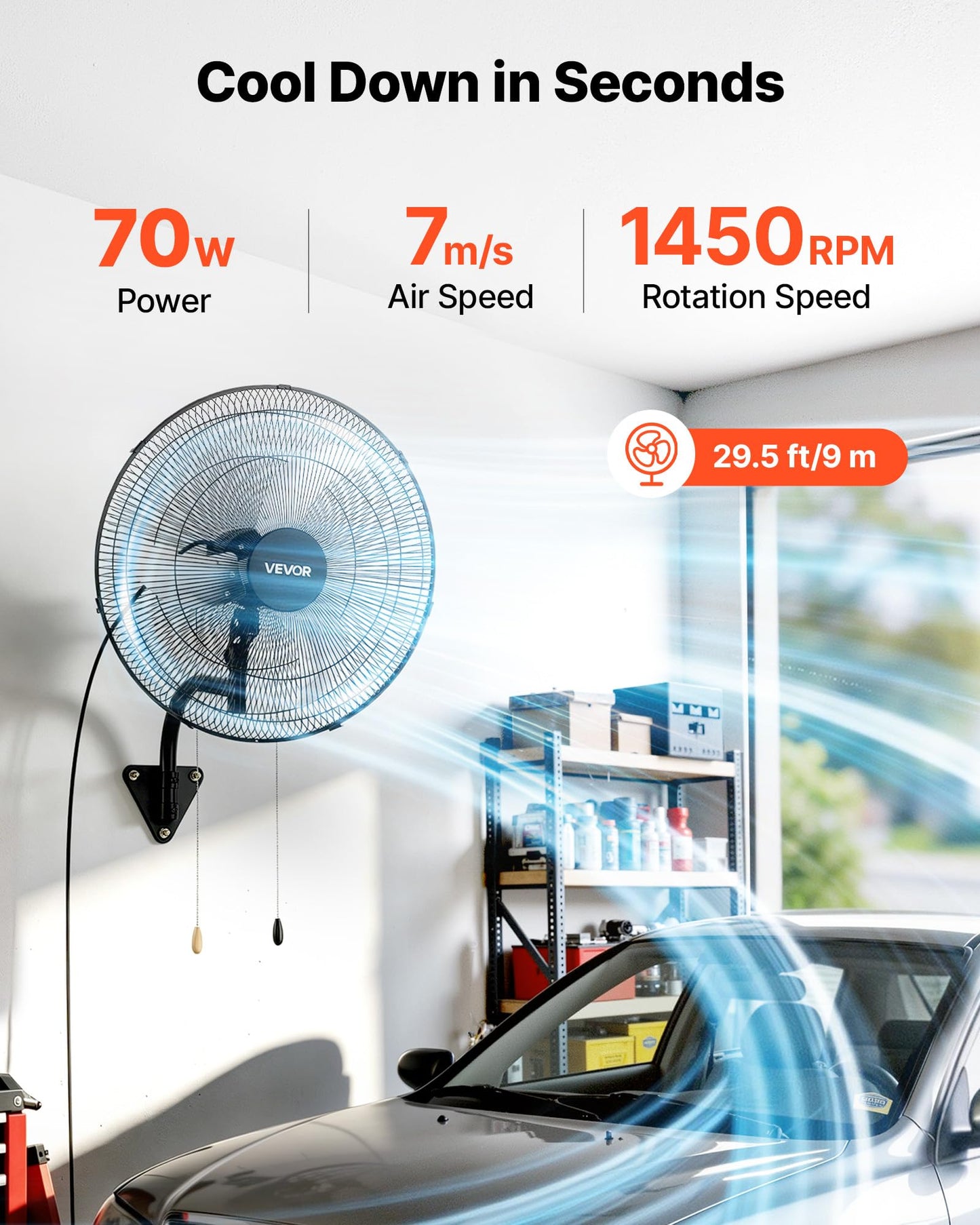 VEVOR Wall Mount Fan, 20 in Wall Mounted Hanging Fan Oscillating, 3-Speed, Long Airflow Distance, Adjustable Rotation Angle, Mechanical Powerful for Industry, Commercial, Garage, Workshop, Gym, 2 Pack