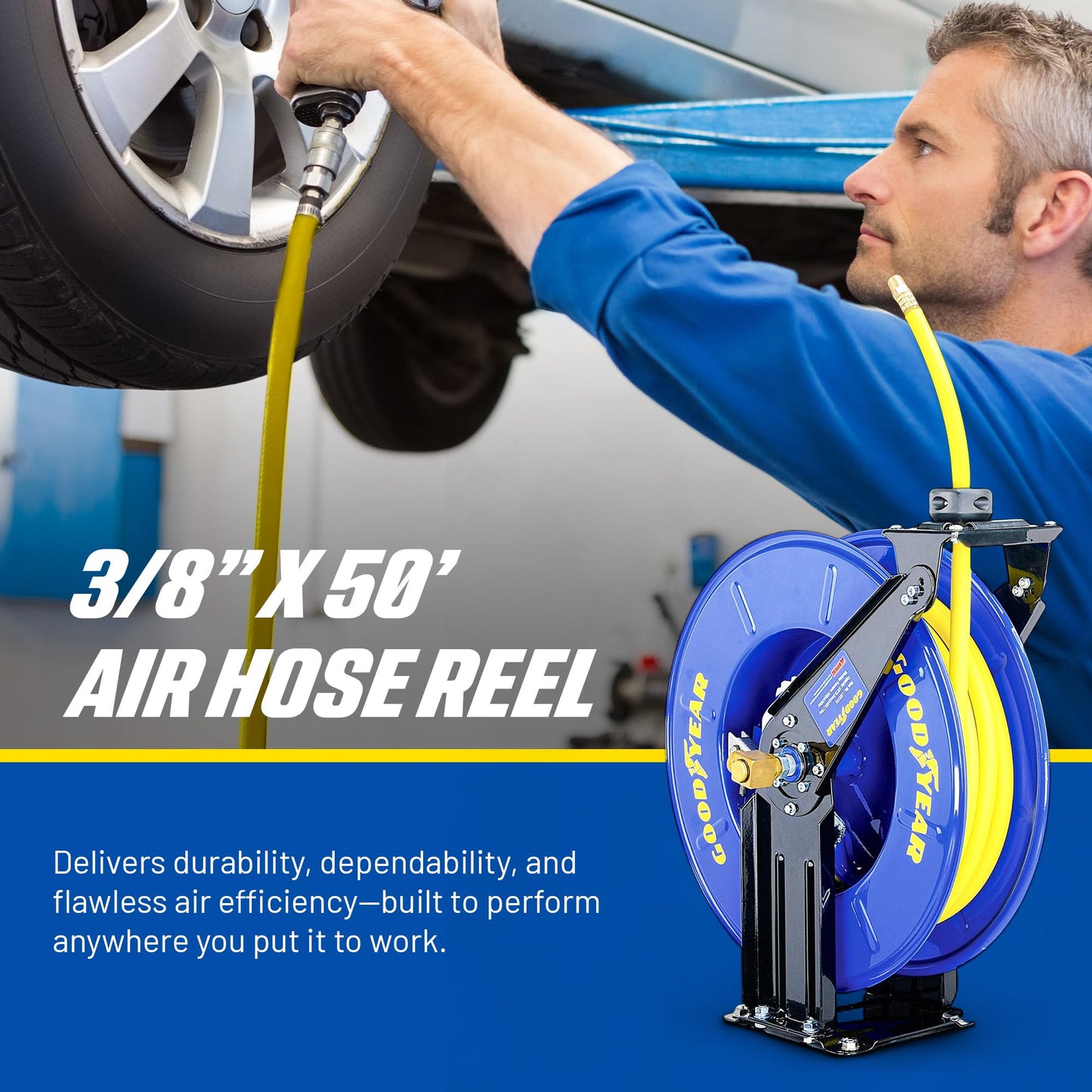 GOODYEAR Air Hose Reel Retractable 3/8" Inch x 50' Feet Long Premium Commercial SBR Hose Max 300 Psi Reinforced Steel Construction Heavy Duty Spring Driven Industrial Dual Arm & Pedestal